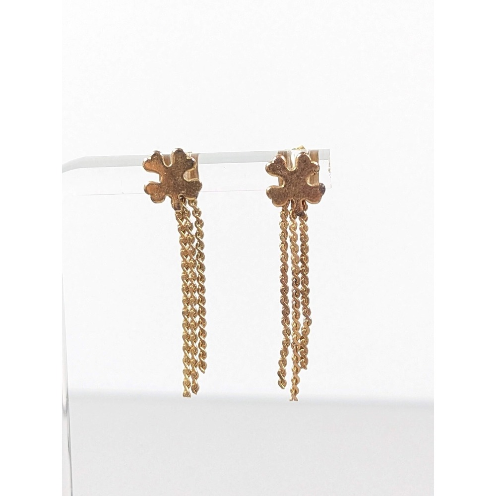 Vintage Gold Tone Clover‎ Shamrock Chain Fringe Dangle Earrings